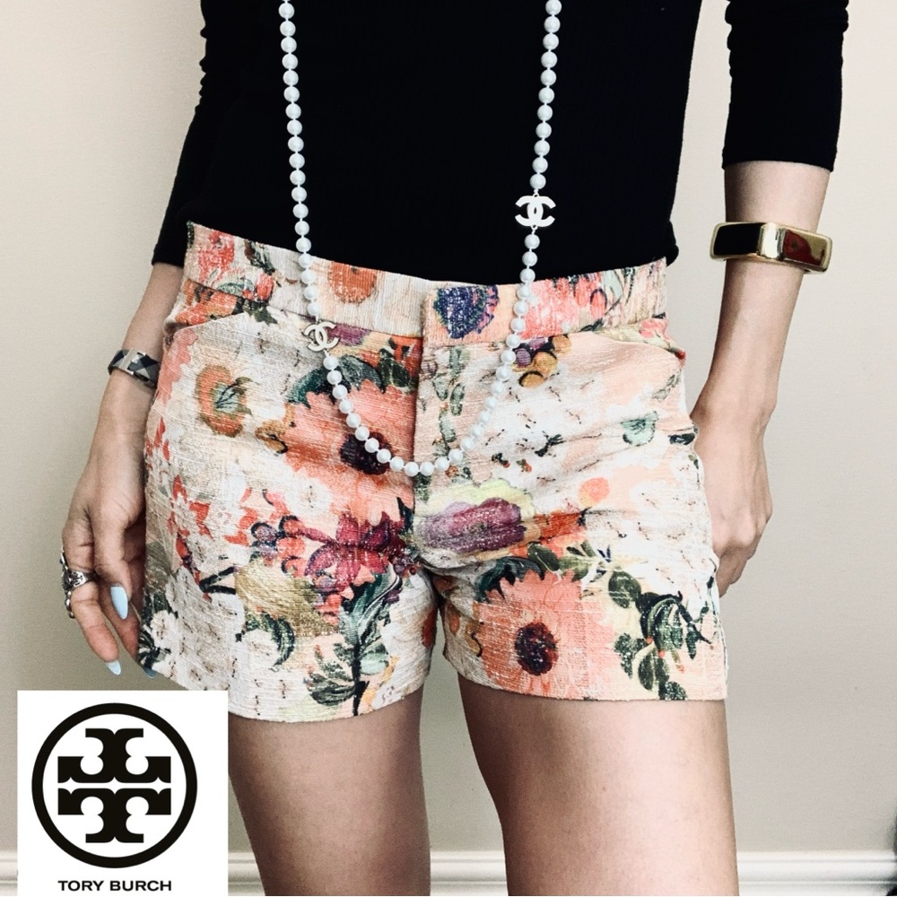 Tory Burch Floral Textured Cream and Pink Shorts